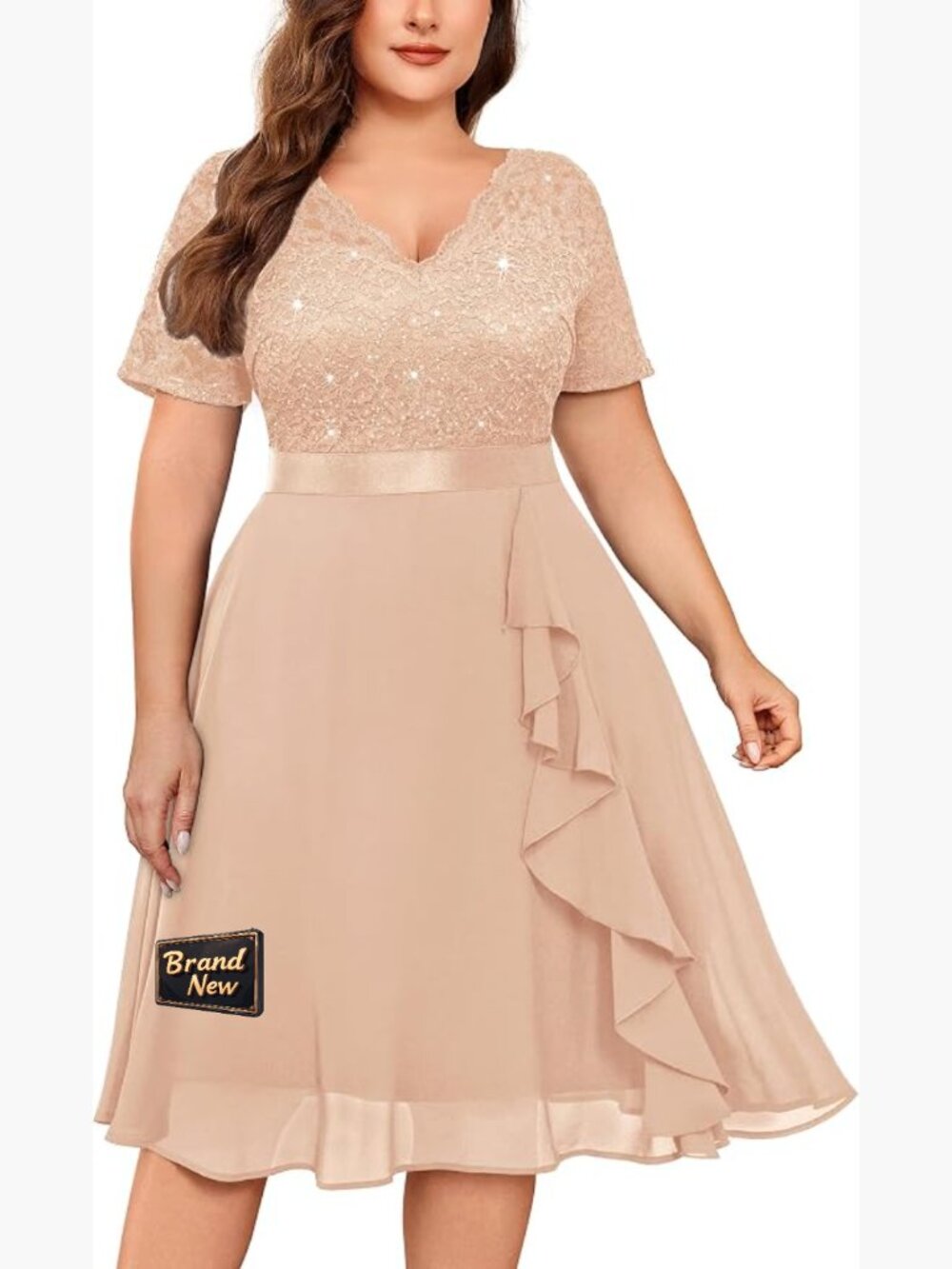 Plus Size Sequin Lace Cocktail Dress V-Neck Ruffle A-Line Sparkly Party Gown